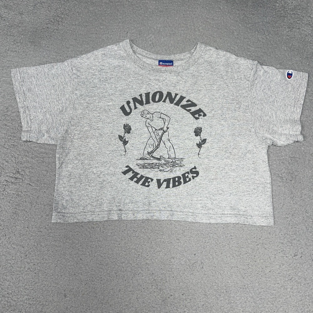 Champion Unionize The Vibes T Shirt Women Sz L Gray Cropped Athletic Apparel Top